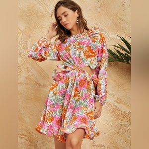 Ruffle Trim Tied Backless Floral Print Dress